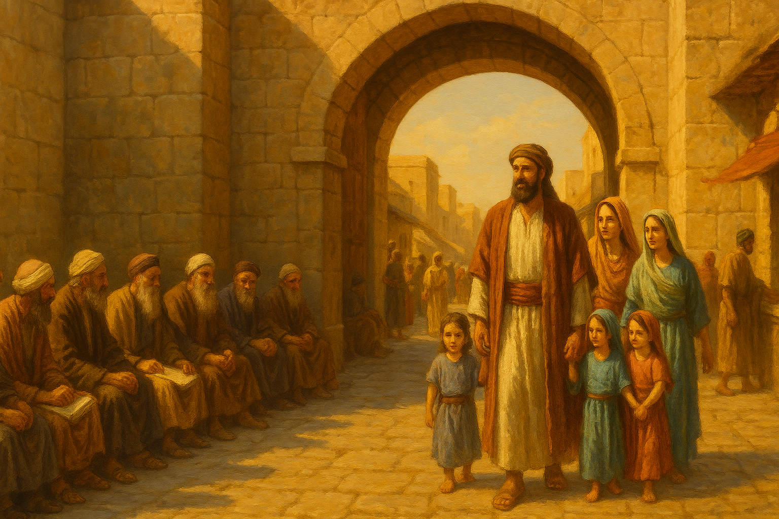 Ancient city gate — elders meeting to the side, daily life flowing through the gate.